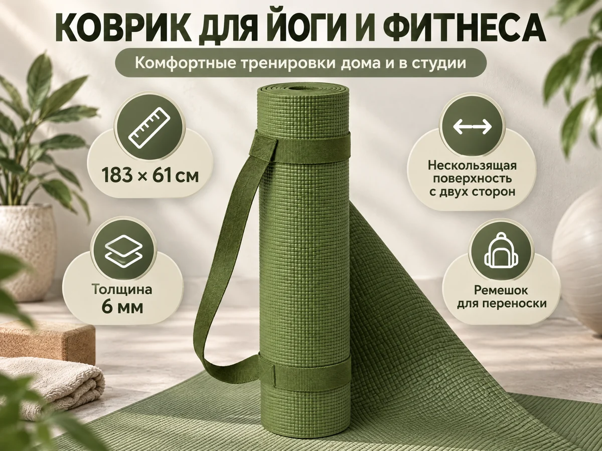 Горизонтальный главный кадр карточки: свёрнутый оливковый коврик для йоги с ремешком, заголовок «Коврик для йоги и фитнеса» и четыре бейджа — 183 × 61 см, толщина 6 мм, нескользящая поверхность, ремешок для переноски
