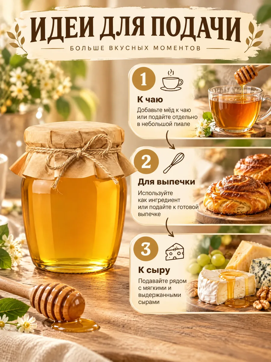 Три идеи подачи мёда: к чаю, для выпечки, к сыру; банка мёда слева