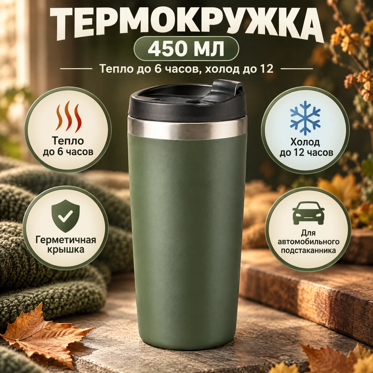 Квадратный главный кадр карточки: оливковая термокружка на осеннем фоне, заголовок «Термокружка 450 мл» и четыре бейджа